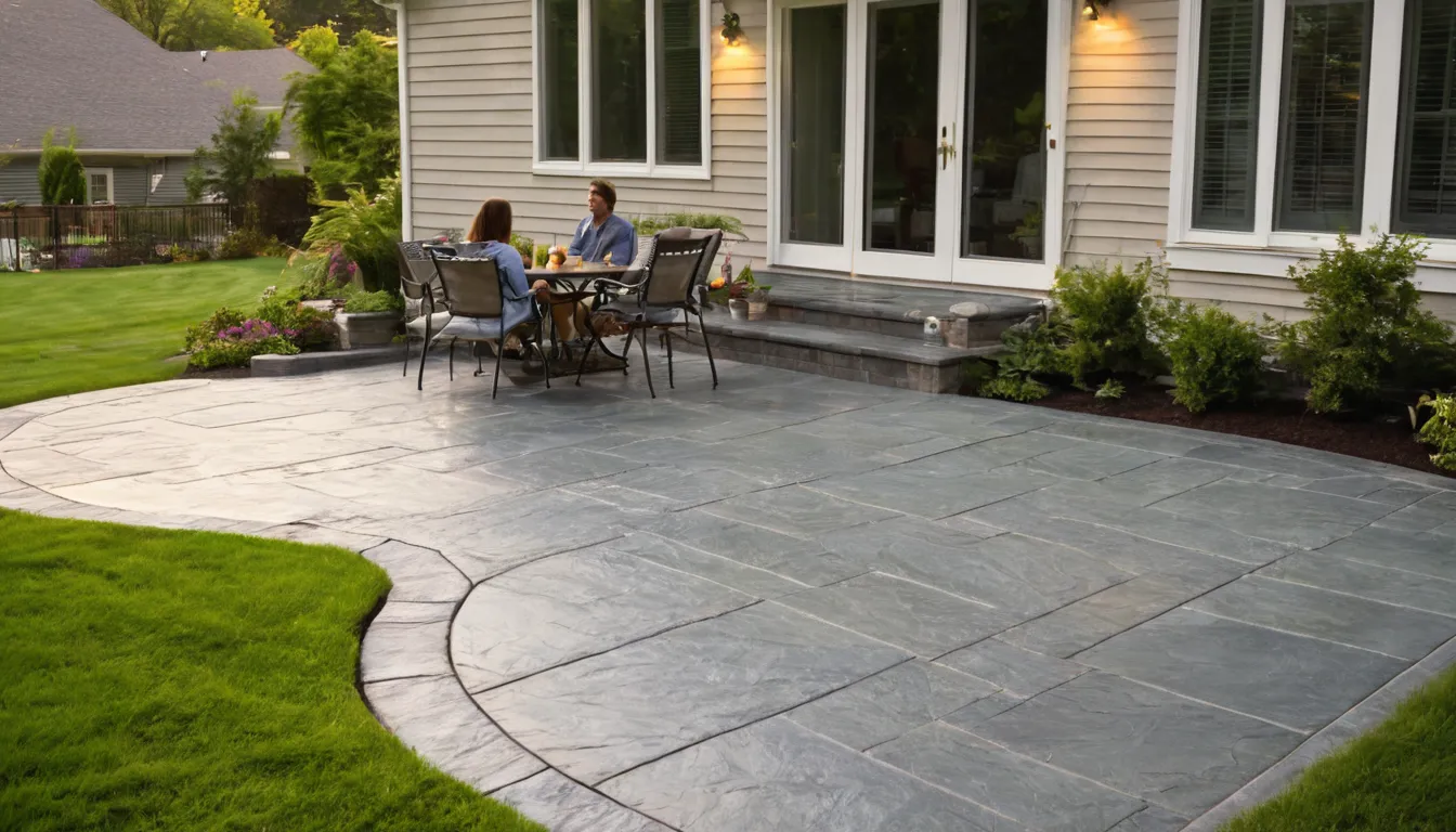 Stamped concrete patio with a slate pattern behind a home in Princeton